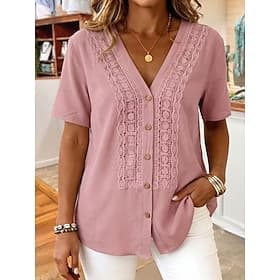Dames Overhemd Effen Kleur Elegant Bohemen Vakantie Korte mouw V-hals Croptops blauw Zwart Wit Blozend Roze Zomer Lente