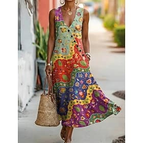 Per donna Abito Midi Abito a trapezio Elegante Bohemien Etnico Spiaggia Ferie Vestibilità regolare Floreale Grafico Senza Maniche Scollo a V Blu Rosso Viola Es
