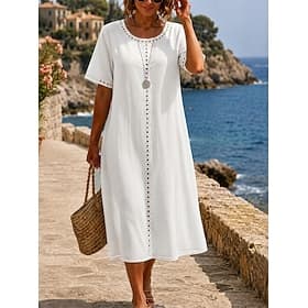 Women's Midi Dress Faux Cotton Linen Lace Dress Summer Dress Elegant Fashion Beach Vacation Holiday Regular Fit Plain Short Sleeve Crew Neck White Pink Green L