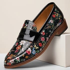 Mocassins à enfiler noirs à motif floral pour homme, chaussures habillées élégantes à bride vernie, parfaites pour les mariages, les banquets, les fêtes et les