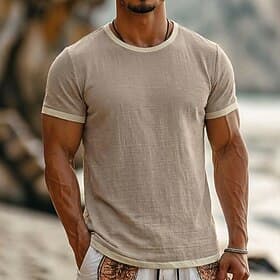 Men's Tee Top Linen T-Shirt Short Sleeves Crew Neck Summer Plain Fashion Designer Basic Patchwork Color Block Soft Casual Vacation Street Light Blue Black Navy