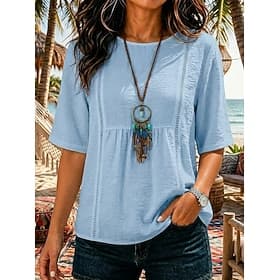Women's Blouse Lace Tops Lace Solid Color Bohemia Vacation Half Sleeve Crew Neck Long Tops Casual Beach Summer Blue White Summer Spring