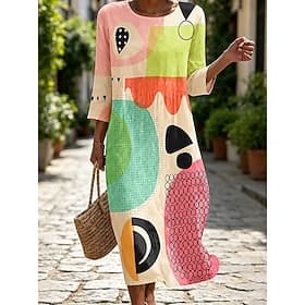 Women's Midi Dress Sundress Summer Dress Vacation Casual Boho Beach Holiday Regular Fit Floral Graphic 3/4 Length Sleeve Crew Neck White Yellow Green Beige Sum