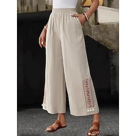 Women's Wide Leg Boho Pants Casual Pants Fashion Streetwear Casual Full Length High Waist Plain Pocket Elastic Waistband Comfy Comfort Soft Stretchy Outdoor Va