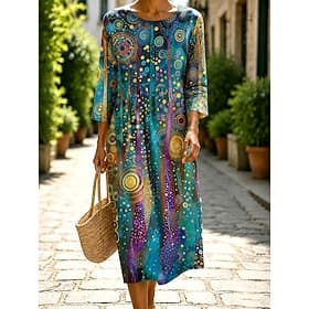 Mujer Vestido Midi Vestido de verano Vacaciones Casual Estilo playero Playa Festivos Ajuste regular Floral Graphic Abstracto Manga 3/4 Cuello Barco Azul Piscin