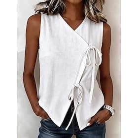 Women's T Shirt Faux Linen Shirt Tee Top Tie Front Plain Fashion Stylish Classic Sleeveless V Neck Regular Tops Casual Daily Going out Blue White Yellow Green
