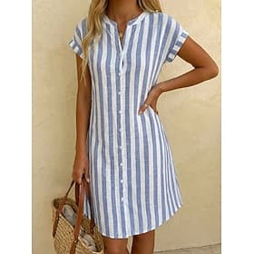 Femmes Robe Longueur Genou Robe Chemise Robe Décontractée robe rayée Élégant Mode Quotidien Vacances Coupe régulière Rayé Manche Courte Col mandarin Rouge bleu