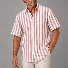 Men's Linen Striped Shirt – Short Sleeve Button-Up for Summer Vacation