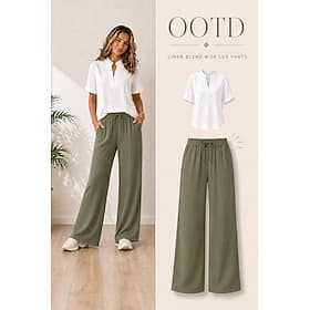 Femmes Mélange de lin Jambe large Pantalon décontracté Vacances Occasionnel Longueur complète Taille haute Noir Marine foncé Péridot Abricot Été Printemps Auto