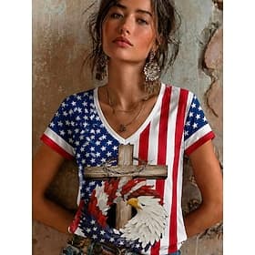 American Independence Day Women's T Shirt Print Floral Graphic Letter Stylish Classic Casual Short Sleeve V Neck Regular Tops Casual Daily Blue Black Red Navy