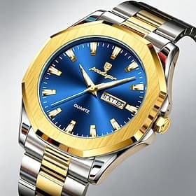 Men's Luxury Watch Two Tone Gold Stainless Steel Quartz Wristwatch Octagonal Bezel Blue Dial Waterproof Business Sports Watch with Day Date Display Fashion Gif
