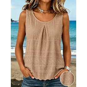 Femmes Gilet en coton et lin Froncé Broderie Couleur Unie Élégant Sans manches Sans manches Col Rond Hauts Réguliers Blanche Rose Claire Violet Kaki Été Printe