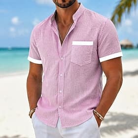 Men Shirt Casual Shirt Seersucker Shirt Button Up Shirt Blue Pink Green Gray Short Sleeve Striped Collar Shirt Collar Casual Daily Patchwork Clothing Apparel E
