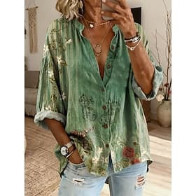 Women's Shirt Buttons Print Floral Graphic Vintage Daily Stylish Long Sleeve Crew Neck Regular Tops Casual Daily Green Summer Spring
