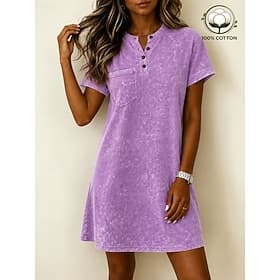 Women's 100% Cotton T Shirt Dress Washed Dress Loose Fit Plain Short Sleeve Crew Neck Knee Length Dress