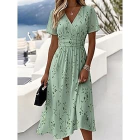 Women's Midi Dress A Line Dress Vacation Casual Boho Beach Regular Fit Floral Graphic Short Sleeve V Neck Blue Pink Green Apricot Summer Spring