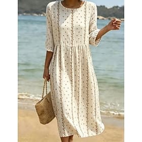 Women's Midi Dress Shift Dress Sundress Vacation Casual Beach Going out Loose Fit Floral Graphic 3/4 Length Sleeve Crewneck Blue White Summer Spring Fall