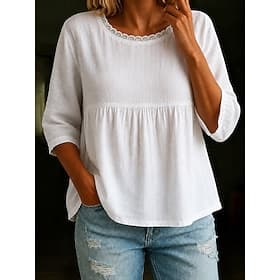 Women's Cotton Linen Shirts Lace Splicing Top Pleated Patchwork Lace Trim Bohemia Half Sleeve Crew Neck Regular Tops Casual White Summer Spring
