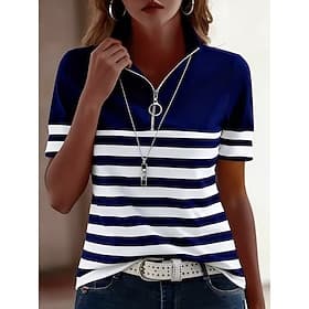 Femmes T-shirt Fermeture éclair Quart de zip Rayé Graphique Géométrique Bloc de Couleur ancien Tropical Hawaïen Manche Courte Col haut Hauts Réguliers Mariage