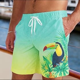 Men's Coconut Tree Parrot Swim Trunks Bathing Suits Swim Shorts Board Shorts Mid Waist Hawaiian Daily Beach Vacation Wear Side Pockets Mesh Lining Elastic Draw