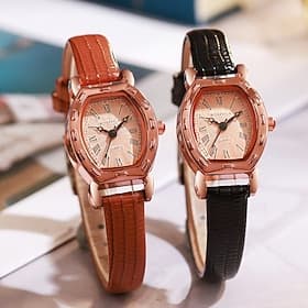 Women's Vintage Tonneau Watch, Elegant Rose Gold Roman Numeral Analog Quartz Wristwatch with Textured Dial and Genuine Leather Strap, Retro Fashion Ladies Dres
