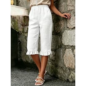 Women's Capri Pants Vacation Basic Calf-Length High Waist Plain Ruffle Comfort Comfortable Breathable Micro-elastic Vacation Formal Daily Wear White Summer Spr