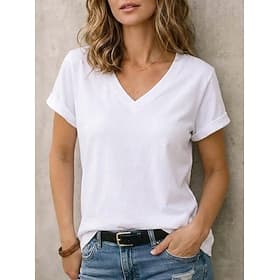 Women's 100% Cotton T Shirt Tee Top Solid Color Elegant Stylish Basic Short Sleeve V Neck Long Tops Casual Daily Going out Black White Yellow Summer Spring