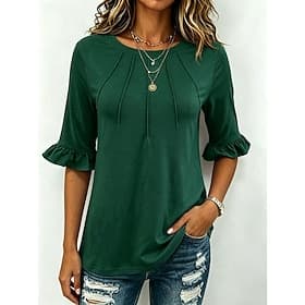 Women's T Shirt Tee Top Ruffle Solid Color Elegant Stylish Half Sleeve Crew Neck Regular Tops Casual Daily Black White Pink Dark Green Summer Spring