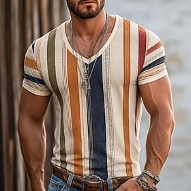Men's Color Block Stripes T Shirt Short Sleeve T shirt 3D Print V Neck Shirt Vacation Casual Daily Holiday Red Orange Brown Spring Summer Clothing Apparel S M