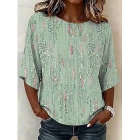 Women's Linen-feel Shirts Blouse Print Floral Graphic Bohemia Vintage Tropical 3/4 Length Sleeve Crew Neck Regular Tops Casual Daily Vacation Wear Grass Green