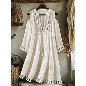 Women's Midi Dress Boho Dress Lace Dress White Dress Elegant Vintage Beach Vacation Regular Fit Floral Long Sleeve V Neck White Summer Spring