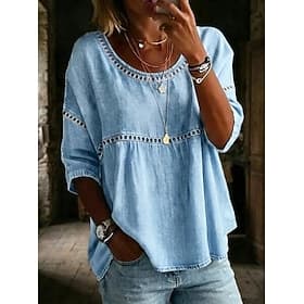 Women's Blouse Cotton Tee Top Hollow Out Plain Vintage Stylish Modern Half Sleeve Crew Neck Regular Tops Casual Daily Summer Blue White Pink Sky Blue Green Sum