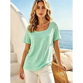 Women's T Shirt Solid Color Stylish Basic Casual Short Sleeve Square Neck Long Tops Casual Daily Green Summer Spring