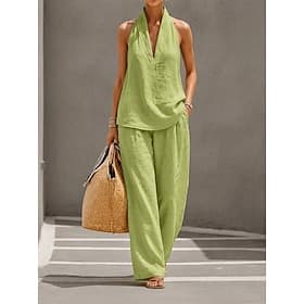 Women's Linen Sets Summer Pants Sets Beach Wear Sleeveless V Neck Solid Color Fashion Streetwear Casual Daily Outdoor Black White Green Summer Regular Fit