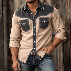 SoftFade™ Men Shirt Casual Shirt Work Shirt Acid Wash Shirt Garment Dyed Navy Blue Long Sleeve Plain Shirt Collar Casual Daily Front Pocket Clothing Apparel El