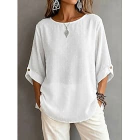 Per donna Camicia Top in chiffon Jacquard Bottoni Tinta unica Vintage Elegante Manica 3/4 Girocollo Top Regolari Casuale Uscire Cachi Nero Bianco Estate Primav