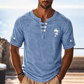 SoftFade™ Heren Polo Shirts 100% Katoen Acid Wash Shirt Casual Vakantie Kraagloos Schouderlange Mode Basis Palm Boom Knoppen Vintage Zomer Lente Blauw Roze Gro