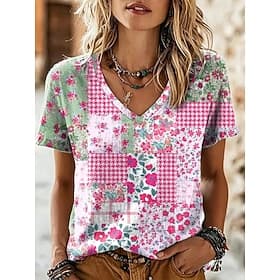 Women's T Shirt Print Floral Graphic Stylish Classic Casual Short Sleeve V Neck Regular Tops Casual Daily Pink Brown Summer Spring