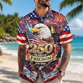 4 de julio de 2026, 250 aniversario Hombre Águila Bandera estadounidense Camisa Camisa de verano Abotonar la camisa Manga Corta Patriótico Exterior Festival Ve