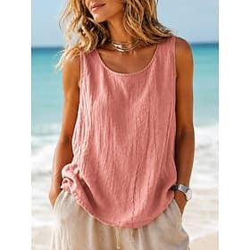 Women's Cotton Linen Vest Ruched Texture Solid Color Vintage Sleeveless Scoop Neck Regular Tops Black White Light Green Pink Light Grey Summer Spring