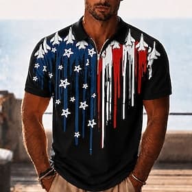 4 luglio 2026 250° Per uomo Bandiera Americana Polo con zip Manica Corta Magliette polo Camicie con Colletto Casual Abbigliamento da sera Abbigliamento da fest