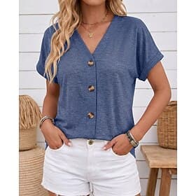 Women's Summer Tops Buttons Plain Vintage Fashion Classic Short Sleeve V Neck Regular Tops Casual Daily Summer Black White Pink Navy Blue Sky Blue Summer Sprin
