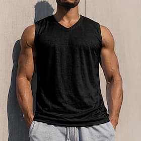 Men's Tank Sleeveless V Neck Summer Solid Color Plain Casual / Sporty Slim Daily Home Black White Light Green Top Tee for Men
