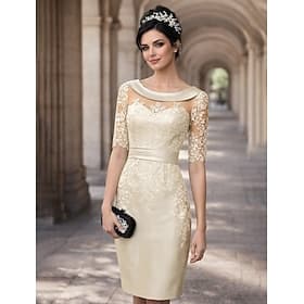 Schlauchkleid Knielang Partykleid Cocktailkleid Kleid für Hochzeitsgäste Brautmutterkleid Kurzarm Juwelenhals Elegant Vintage Hochzeitsgast Satin Spitze mit Ap
