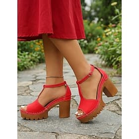 Women's Red Peep Toe Platform Heeled Sandals, Chunky Block Heels with Adjustable Ankle Strap, Vintage T-Strap Summer Shoes for Garden Party Casual Wear