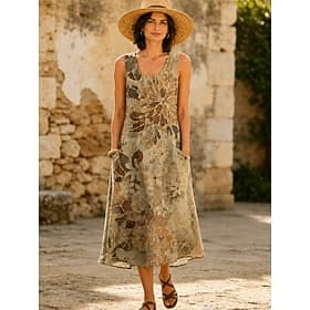 Women's Midi Dress Sundress A Line Dress Vacation Casual Boho Holiday Regular Fit Floral Graphic Sleeveless U Neck Blue Pink Khaki Summer Spring