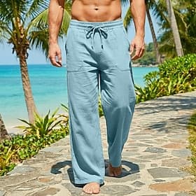 Men's Linen Pants Trousers Summer Pants Baggy Pants Beach Pants Drawstring Front Pocket Straight Leg Plain Comfort Breathable Full Length Daily Beach Holiday V
