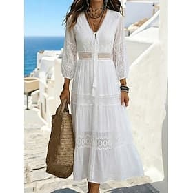 Damen Maxikleid Spitzenkleid Weißes Kleid Sommerkleid Elegant Mode Strand Urlaub Ferien Normale Passform Blumen Langarm V Ausschnitt Weiß Sommer Frühling