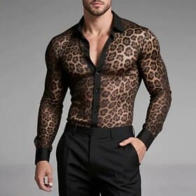 Herren Hemd Freizeithemd Strandhemd Knopfhemd Schwarz Langarm Leopard-Druck Hemdkragen Lässig Täglich Netz Bekleidung Elegant Mode Lässig