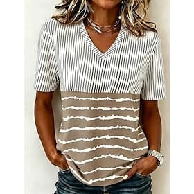 Women's T Shirt Print Graphic Geometric Stylish Classic Casual Short Sleeve V Neck Regular Tops Casual Daily Light Grey Summer Spring